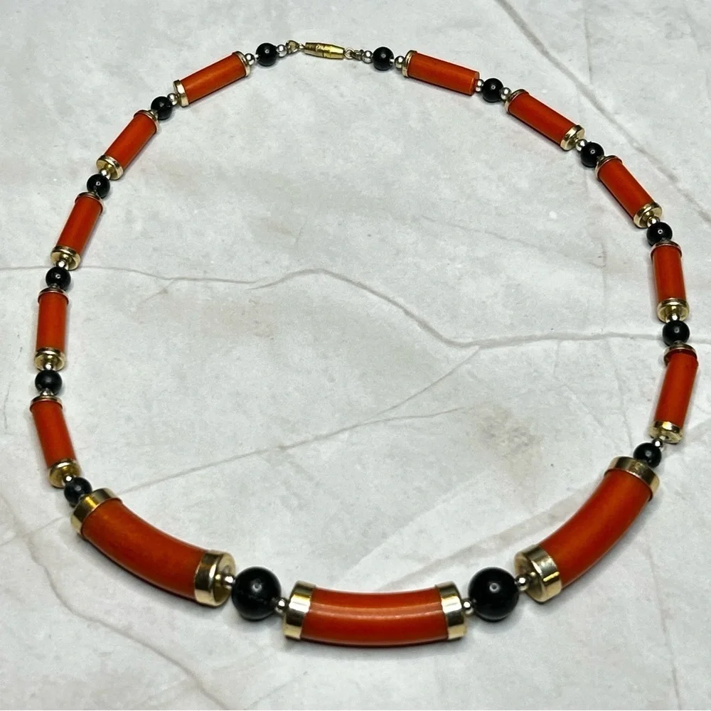 Unique Orange and Black Beaded Necklace with Gold Tone Accents